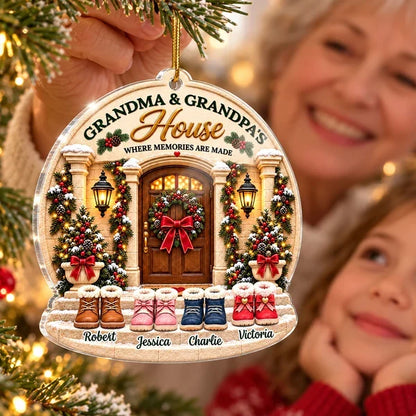 Personalized Acrylic Ornament, Snowy Grandparents' House with Kids' Boots, Unique Christmas Gift