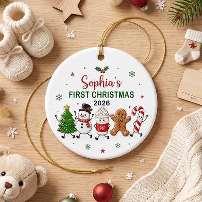 Personalized Ceramic Ornament with Waving Christmas Characters, Unique First Christmas Gift for Baby and New Parents
