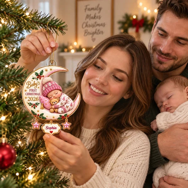 Personalized Acrylic Ornament, Sleeping Baby on Crescent Moon, Unique First Christmas Gift for New Parents