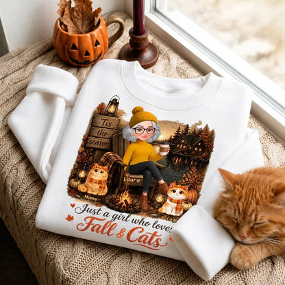 Personalized Sweatshirt, Woman with Cats by an Autumn Lakeside Campfire, Unique Gift for Cat Moms