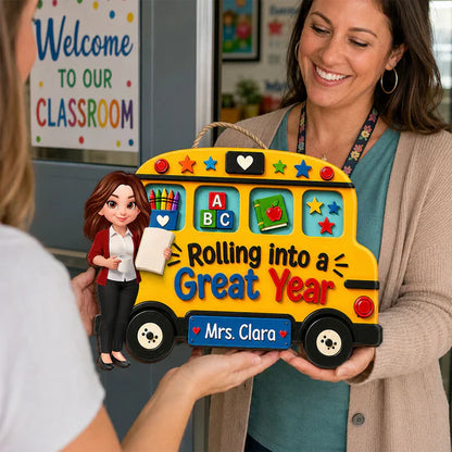 Personalized Teacher Wooden Sign With Yellow School Bus, Unique Back To School Gift For Classroom
