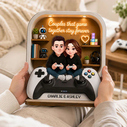 Personalized 2-Layer Wooden Plaque, Gaming Couple Cartoon Scene, Unique Gift for Shared Playtime
