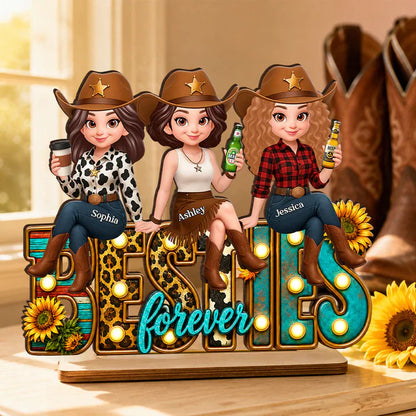 Personalized 2-Layer Wooden Plaque, Cowgirl Friends Holding Hands, Unique Gift for Close Friend