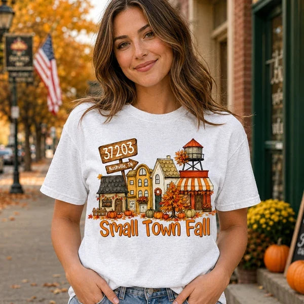 Custom Classic Tee, Nostalgic Fall Town Illustration, Creative Gift for Travelers & Friends