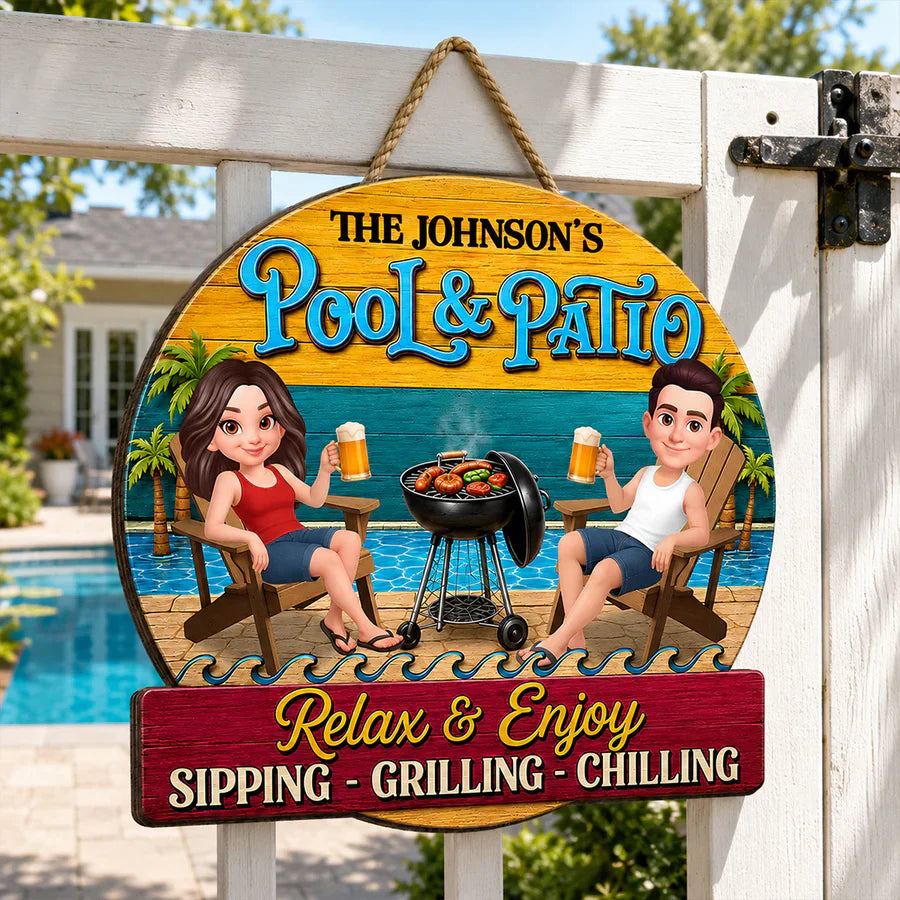 Personalized Wooden Sign with Cartoon Couple by Pool & Patio, Unique Creative Gift for Couples
