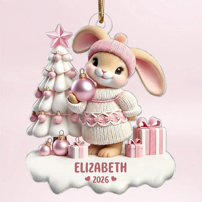 Personalized Acrylic Ornament, Pink Bunny Holding a Bauble by a Snowy Christmas Tree, Unique Gift for Kids