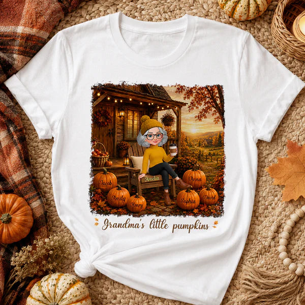 Personalized Classic Tee, Grandma Sitting on Fall Porch, Unique Gift from Grandkids