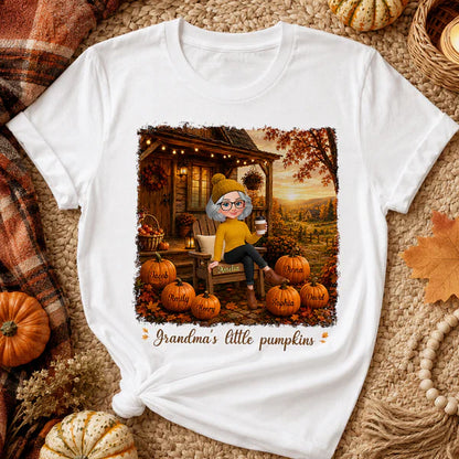 Personalized Classic Tee, Grandma Sitting on Fall Porch, Unique Gift from Grandkids
