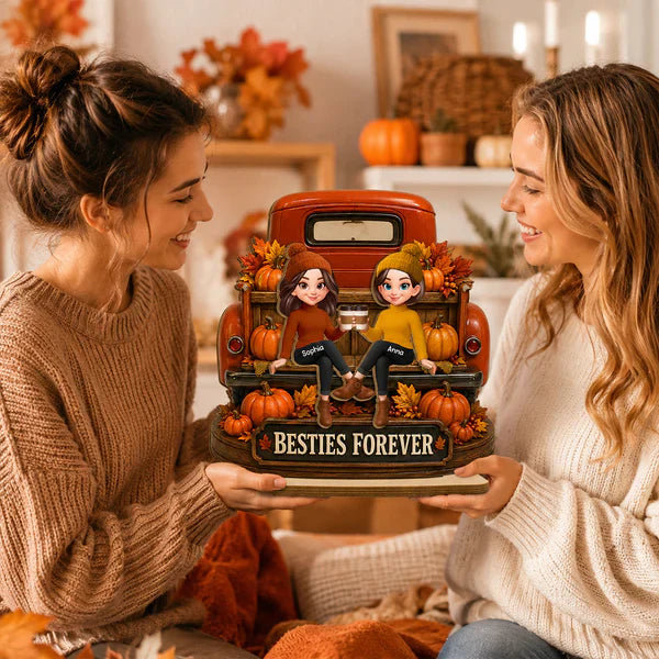Personalized 2-Layer Wooden Plaque, Fall Truck Besties Forever, Unique Gift for Friend