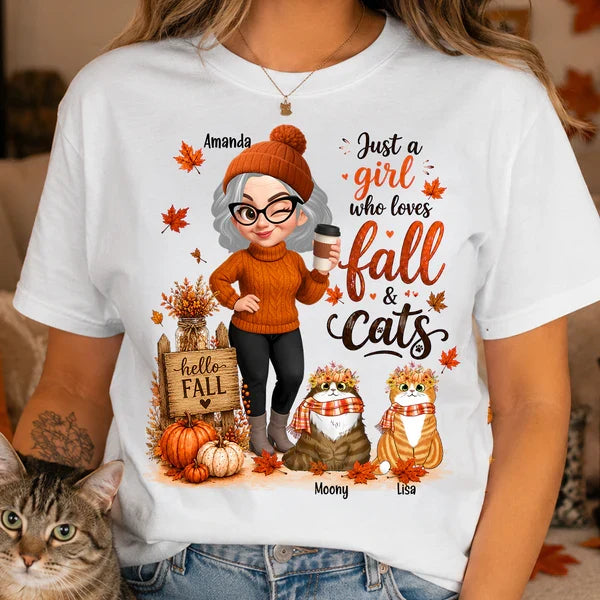Personalized Fall & Cats Sweatshirt, Custom Cat Mom Design with Coffee, Unique Gift for Cat Lover