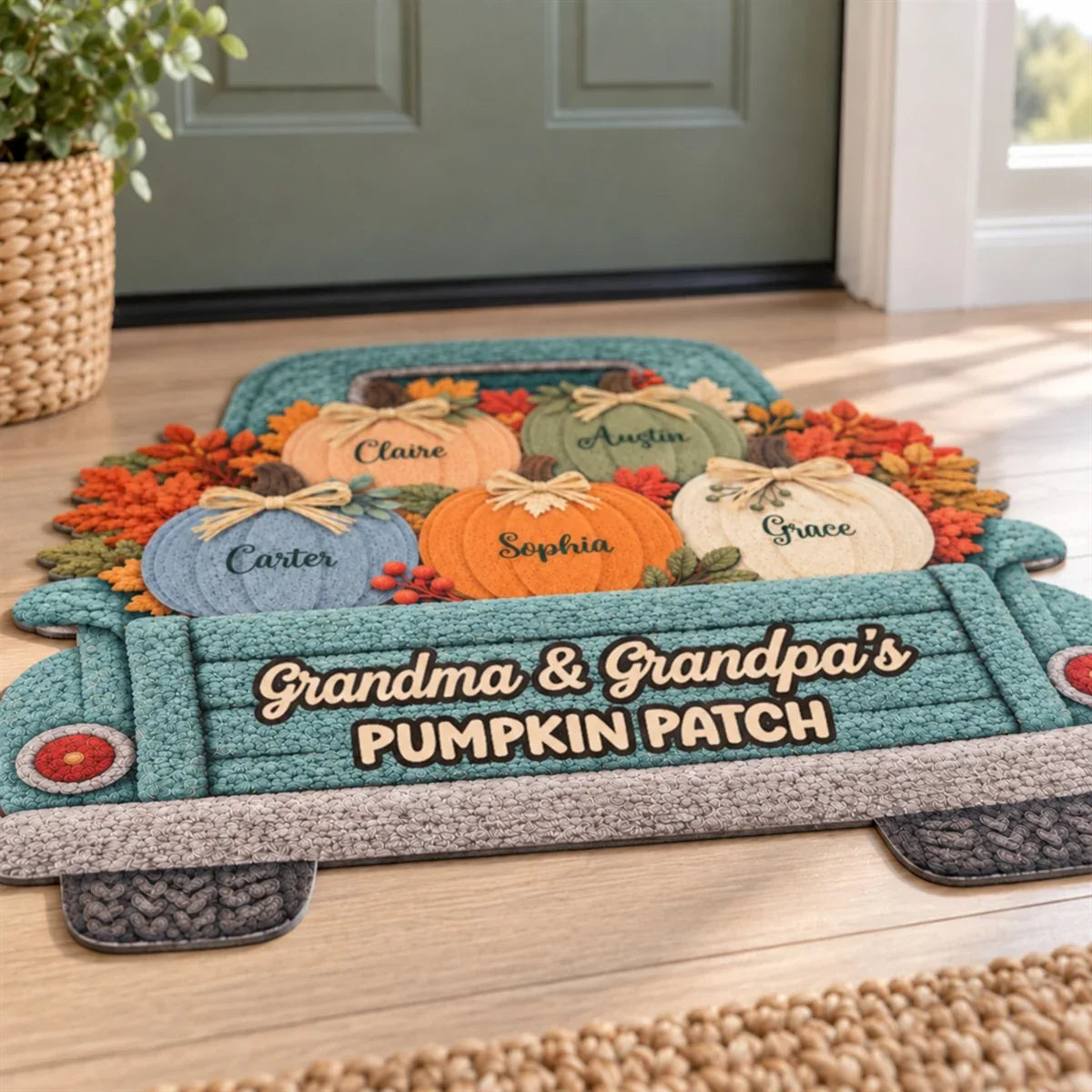 Personalized Shaped Doormat, Autumn Pumpkin Truck Decor, Unique Gift for Grandma and Grandpa
