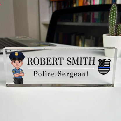 Personalized Acrylic Block Plaque, Cartoon Police Officer Desk Name Plate, Unique Gift for Officer