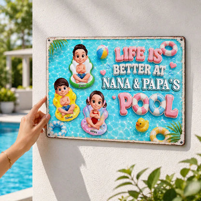 Personalized Rectangular Iron Sign, Kids on Pool Floats, Unique Gift for Nana & Papa's Pool