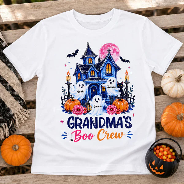 Personalized Classic Tee for Grandma, Watercolor Haunted House Boo Crew, Unique Halloween Gift