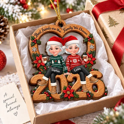 Personalized Wooden Ornament, Friends Sitting with Coffee in Festive Red and Green, Unique Christmas Gift for a Friend