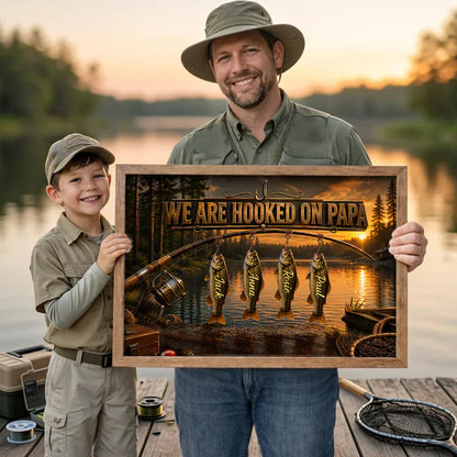 Fishing Rod Sunset Lake Poster, We Are Hooked On Papa, Unique Gift For Dad