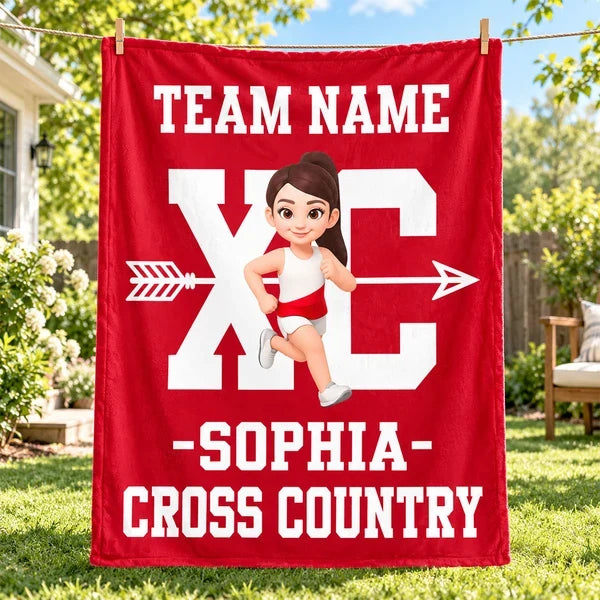 Personalized Cross Country Fleece Blanket, Red Cartoon Runner Design, Unique Gift for Runners