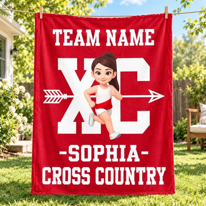 Personalized Cross Country Fleece Blanket, Red Cartoon Runner Design, Unique Gift for Runners