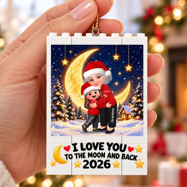 Personalized Building Block Ornament, Grandma Hugging Granddaughter Under a Moon, Unique Christmas Gift for Grandma