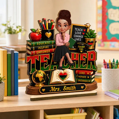 Personalized 2-Layer Wooden Plaque, Sitting Teacher Classroom Art, Unique Creative Gift for Teacher