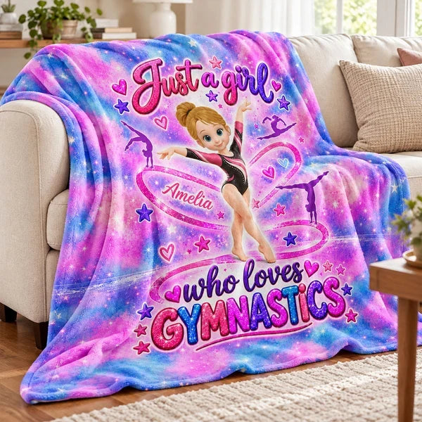 Personalized Fleece Blanket, Posing Cartoon Gymnast in Pink Galaxy Style, Unique Gift for Daughter