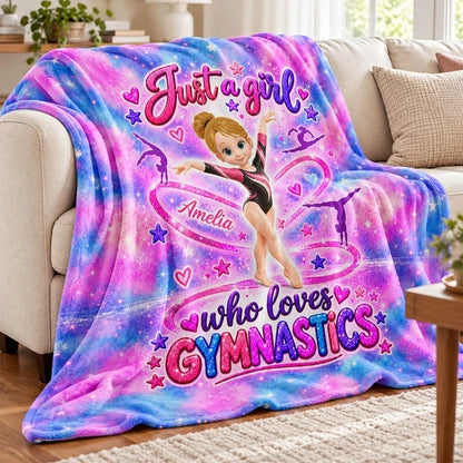 Personalized Fleece Blanket, Posing Cartoon Gymnast in Pink Galaxy Style, Unique Gift for Daughter