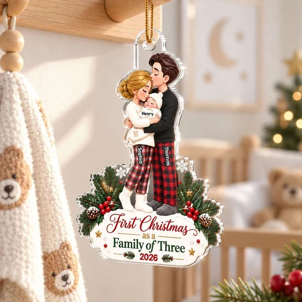 Personalized Acrylic Ornament, Hugging Parents and Baby at Christmas, Unique Gift for New Parents