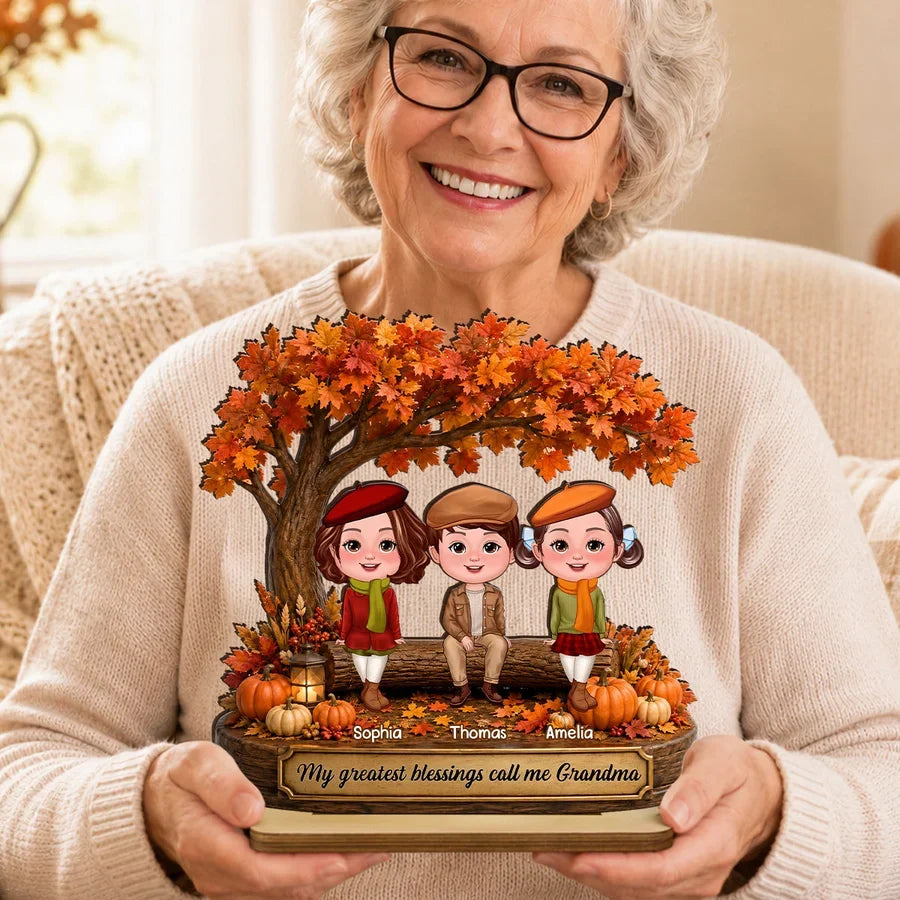Personalized Wooden Plaque, Grandkids Sitting Under an Autumn Tree, Unique Gift for Grandma