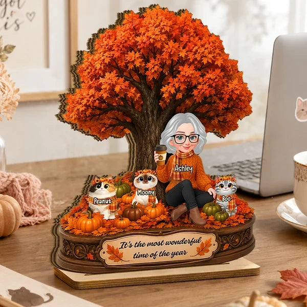 Personalized Wooden Plaque, Woman Sitting with Cats Under an Autumn Tree, Unique Gift for Cat Lovers