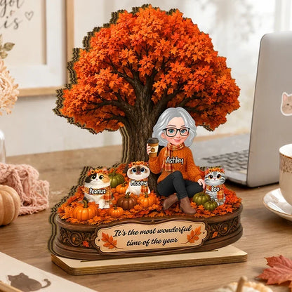 Personalized Wooden Plaque, Woman Sitting with Cats Under an Autumn Tree, Unique Gift for Cat Lovers