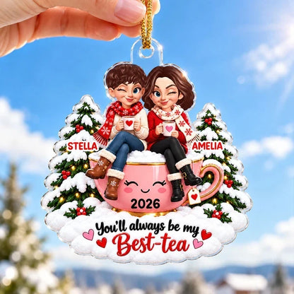 Personalized Acrylic Ornament, Friends Sharing Tea, Heartwarming Christmas Keepsake and Creative Gift for a Close Friend