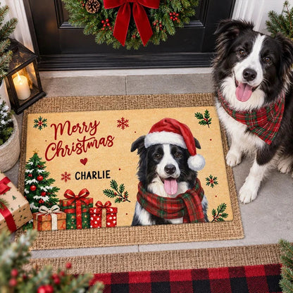 Personalized Standard Doormat with Watercolor Dog in Santa Hat, Festive Entryway Decor, Unique Gift for Dog Lovers