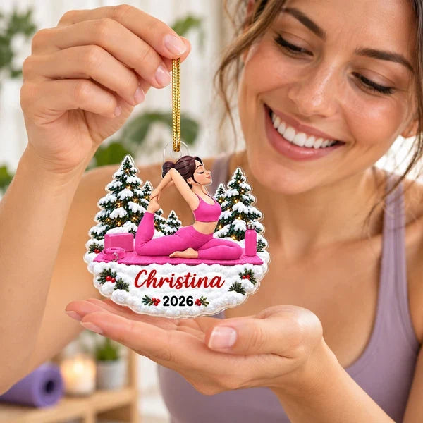 Personalized Acrylic Ornament, Pink Yoga Woman with Snowy Christmas Trees, Unique Gift for Yoga Lovers