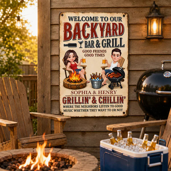Personalized Backyard Bar & Grill Iron Sign, Sitting Couple in Sunlit Yard, Unique Gift for Couple