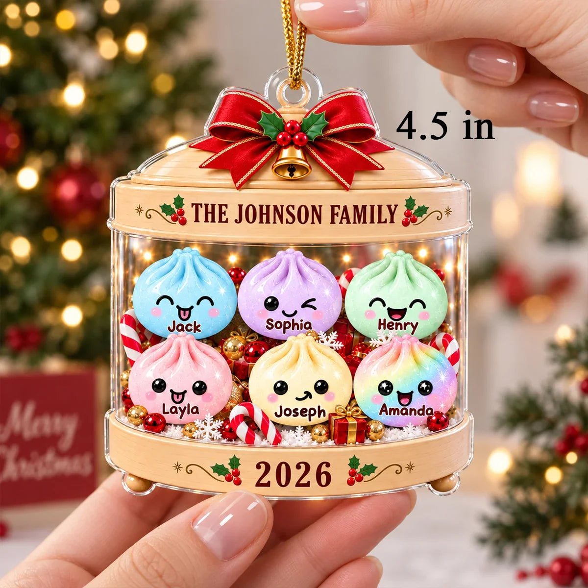 Personalized Acrylic Ornament, Cute Pastel Dumpling Family in Festive Candy Display, Unique Christmas Gift for Family