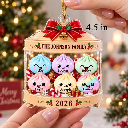 Personalized Acrylic Ornament, Cute Pastel Dumpling Family in Festive Candy Display, Unique Christmas Gift for Family