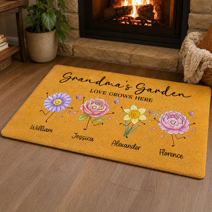 Personalized Grandma's Garden Standard Doormat, Cute Flower Family Entryway Unique Gift