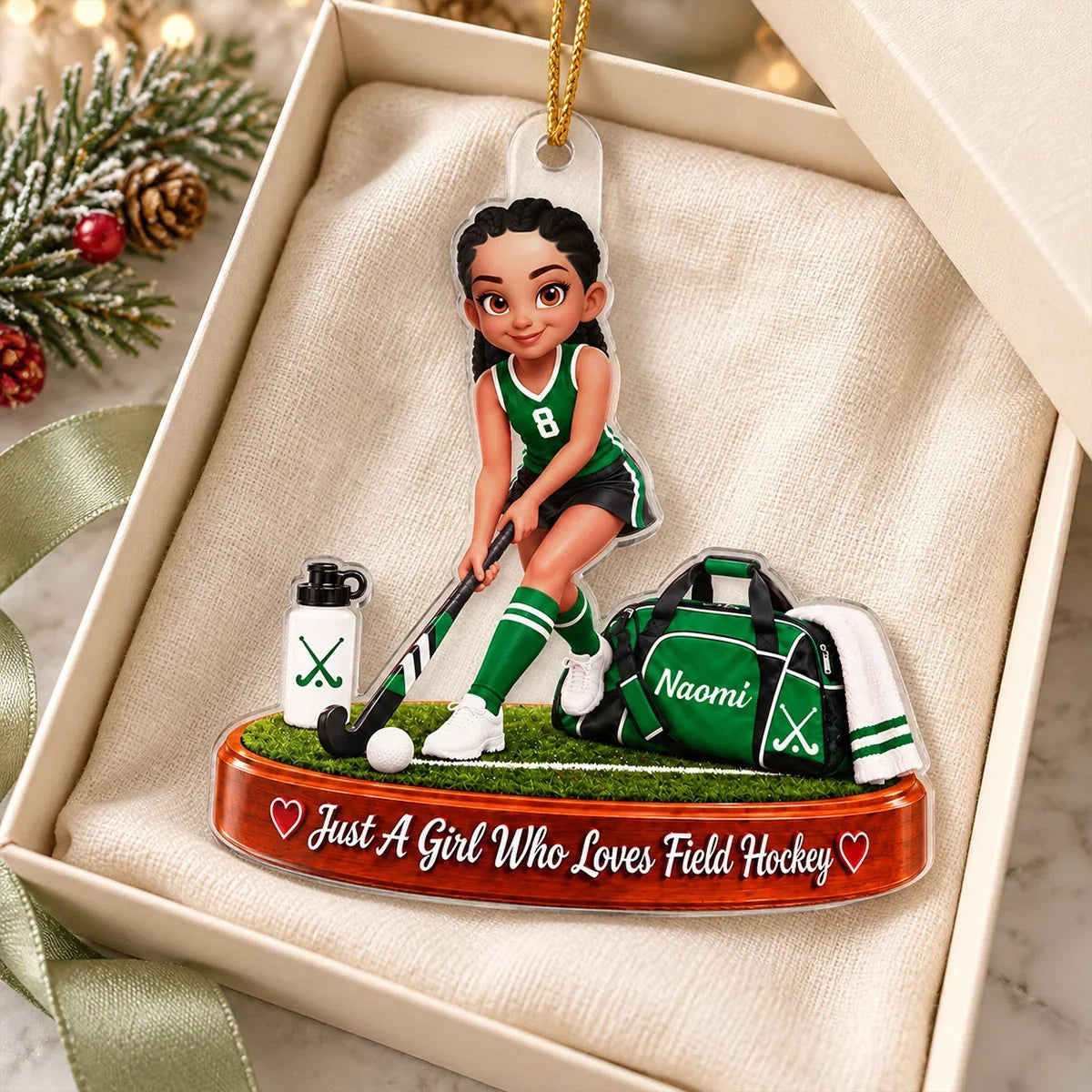 Personalized Acrylic Ornament, Girl Playing Field Hockey on the Pitch, Unique Christmas Gift for Daughter