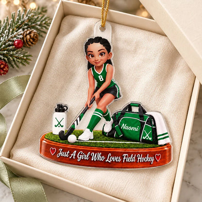 Personalized Acrylic Ornament, Girl Playing Field Hockey on the Pitch, Unique Christmas Gift for Daughter