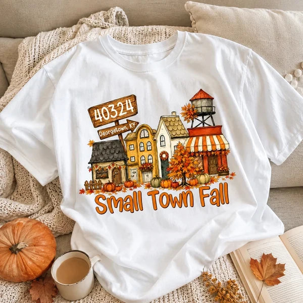 Custom Classic Tee, Nostalgic Fall Town Illustration, Creative Gift for Travelers & Friends