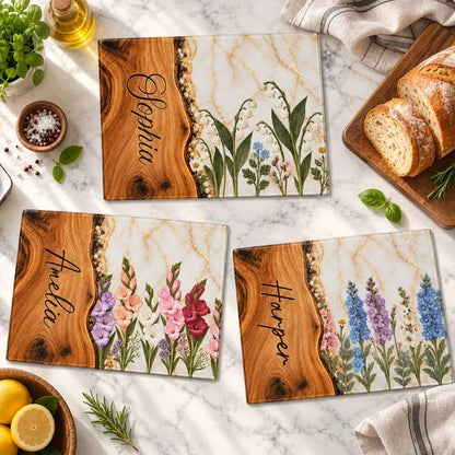 Personalized Tempered Glass Cutting Board, Warm Birth Flower Design, Unique Botanical Gift for Her