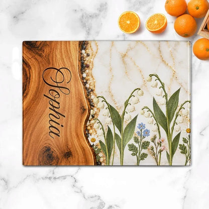 Personalized Tempered Glass Cutting Board, Warm Birth Flower Design, Unique Botanical Gift for Her