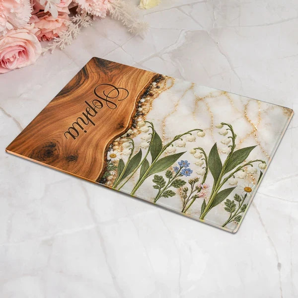 Personalized Tempered Glass Cutting Board, Warm Birth Flower Design, Unique Botanical Gift for Her