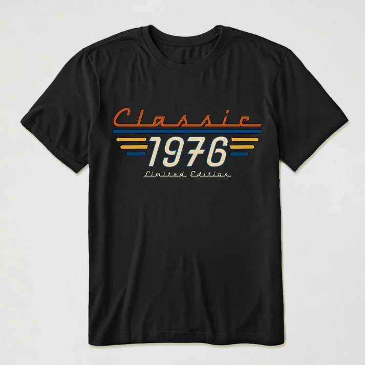 Personalized Retro Classic Tee, Man Wearing Bold 70s Typography in an Urban Setting, Unique Gift for Him