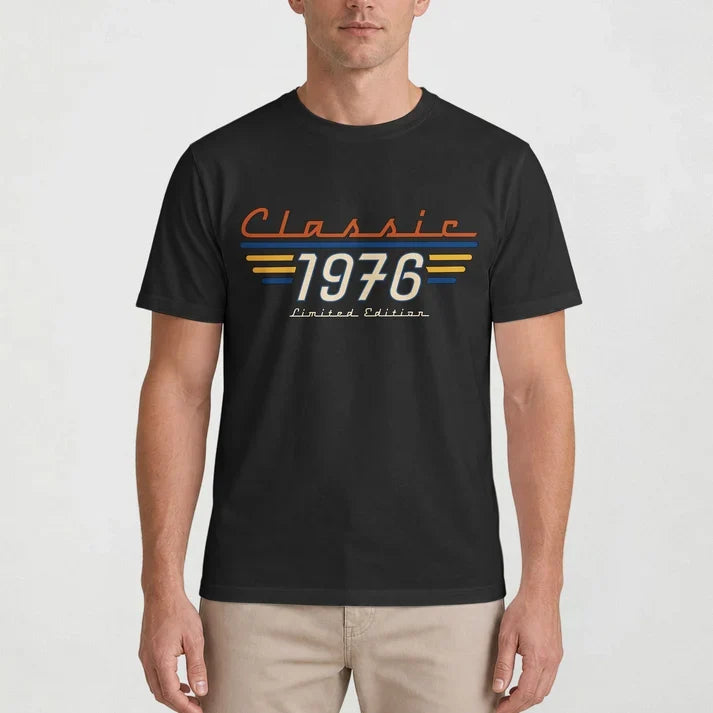 Personalized Retro Classic Tee, Man Wearing Bold 70s Typography in an Urban Setting, Unique Gift for Him