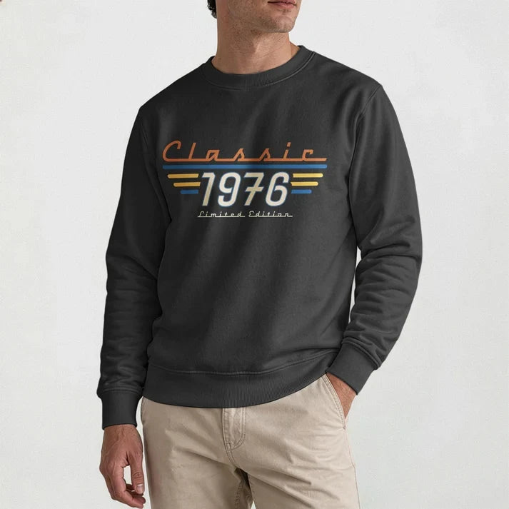 Personalized Retro Classic Tee, Man Wearing Bold 70s Typography in an Urban Setting, Unique Gift for Him