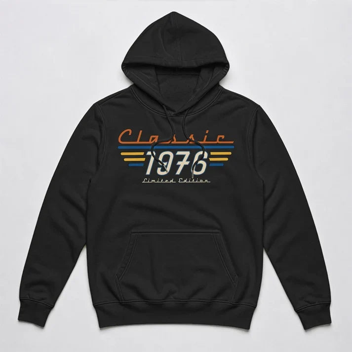 Personalized Retro Classic Tee, Man Wearing Bold 70s Typography in an Urban Setting, Unique Gift for Him