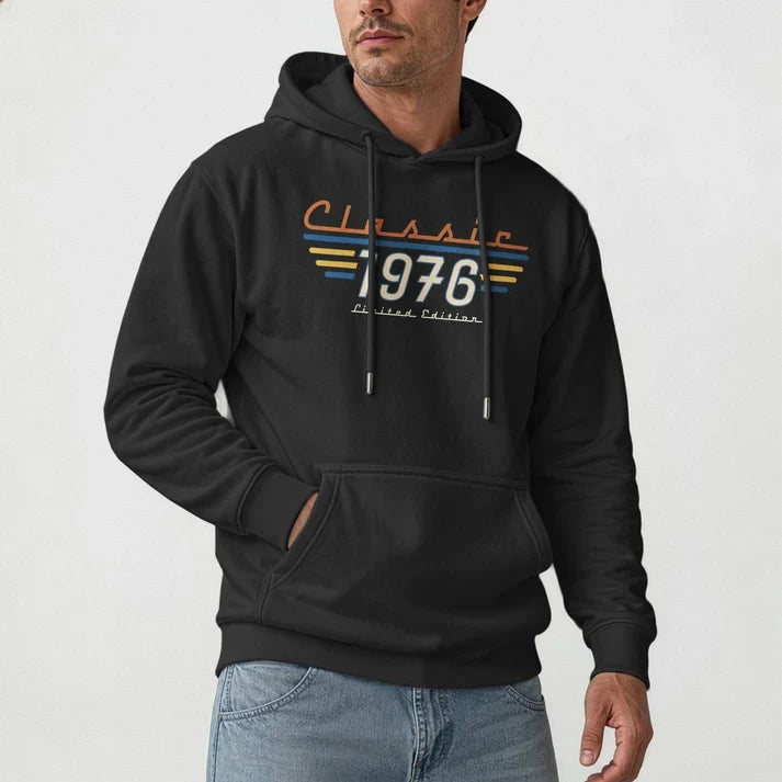 Personalized Retro Classic Tee, Man Wearing Bold 70s Typography in an Urban Setting, Unique Gift for Him