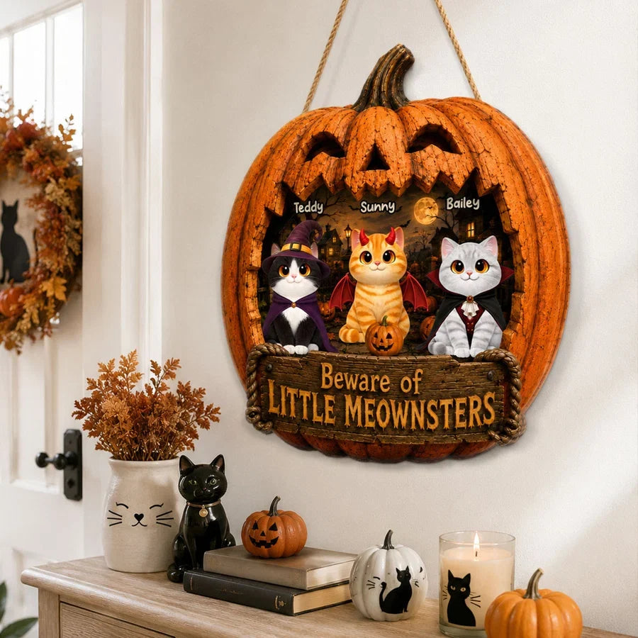 Personalized Halloween Wooden Sign with Costumed Cats, Moonlit Pumpkin Decor, Unique Gift for Cat Lovers