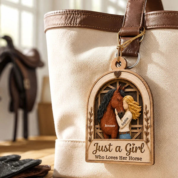Personalized Wooden Ornament, Girl Hugging Horse in Rustic Barn, Unique Christmas Gift for Horse Lover